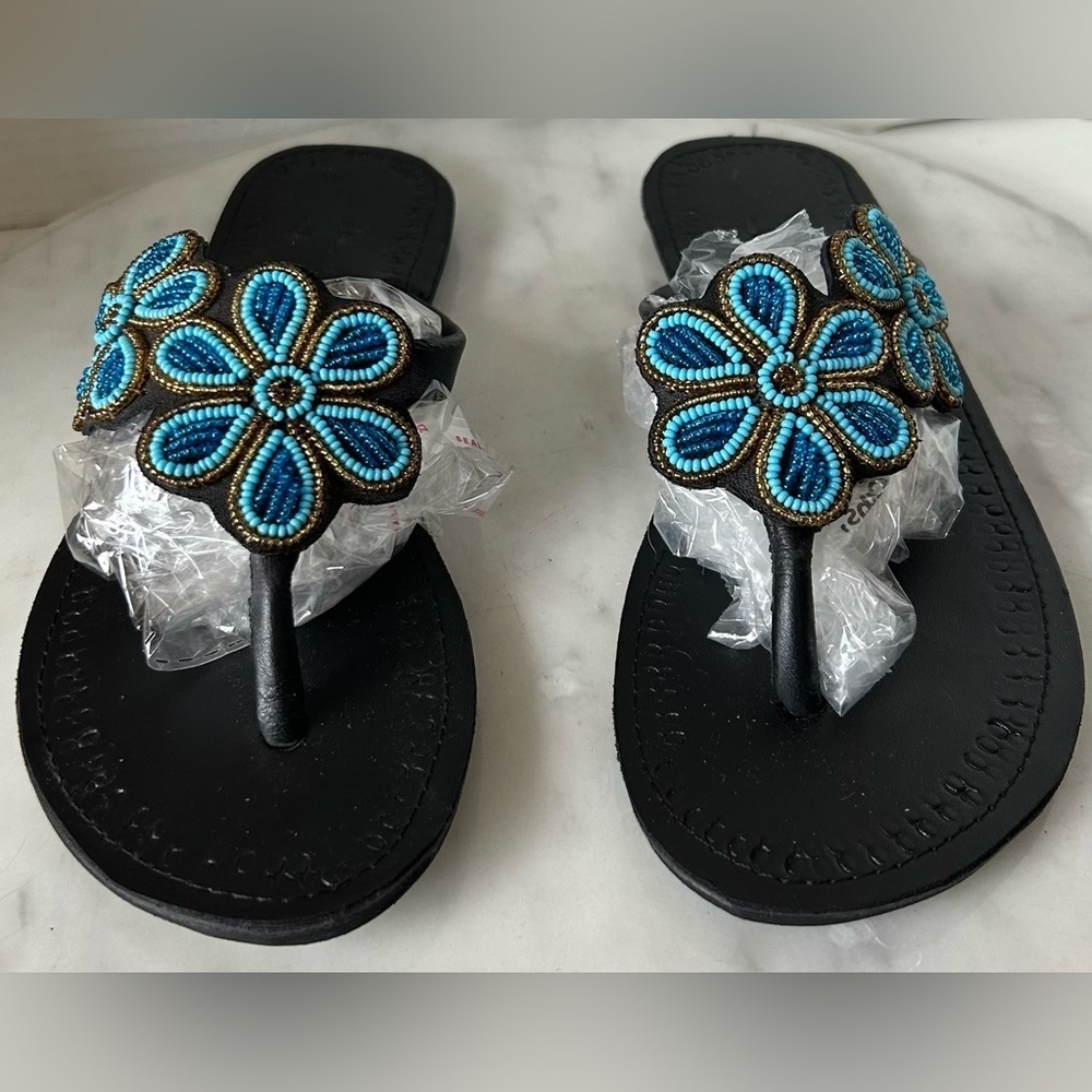 BRAND NEW 100% HANDMADE LEATHER BEADED SANDALS. US 6.5 ABSOLUTELY GORGEOUS! - Picture 2 of 8
